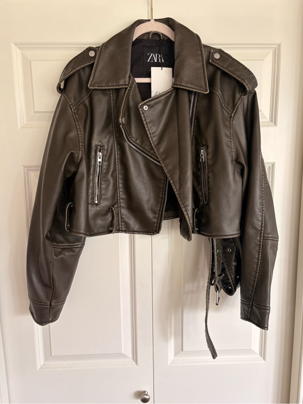 Zara Olive Brown Faux Leather Cropped Biker Jacket